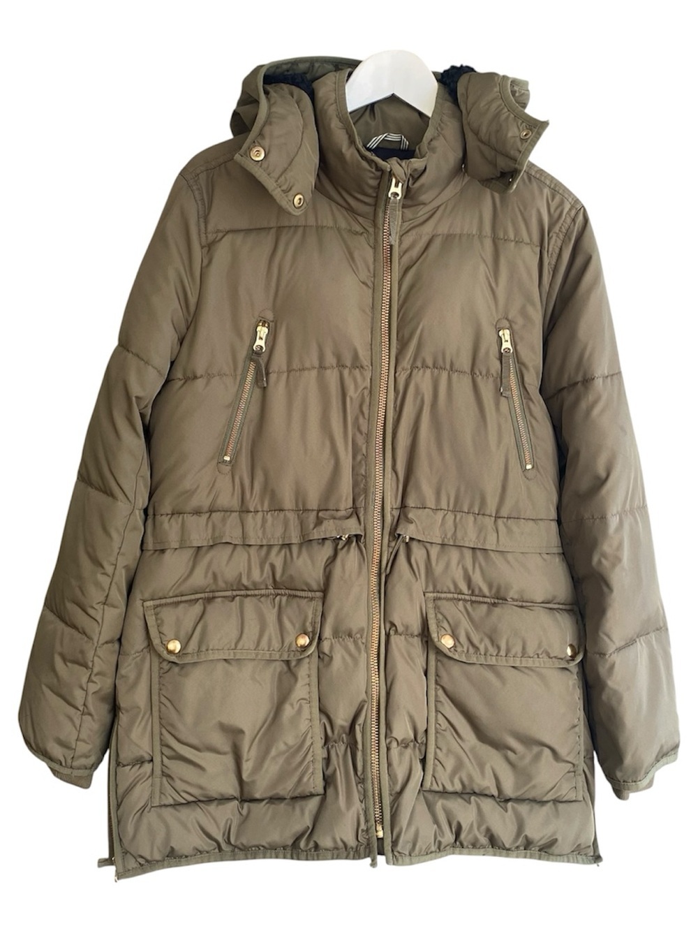 J.CREW Chateau Puffer Jacket Parka Hood Zip Pockets Olive Green Women Size M - Picture 2 of 11